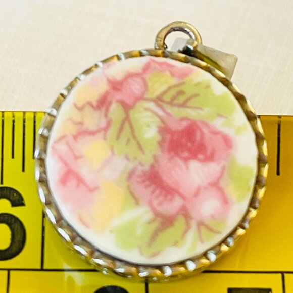 Silver Bone China Pendant and Maching Adjustable Ring Limoges Pink Roses China - Picture 10 of 10